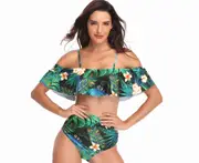 Ladies'high waist split printed bikini leaf printed swimsuit - 2