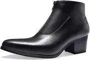 [Generic] High Top Boot for Men Work BootGenuine Leather High Heel Zipper Pull On Pointed Toe