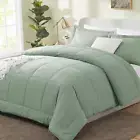 King Size Comforter Sets - Sage Green Comforter King Size, 3 Pieces Box Stitched