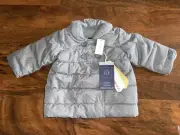 Baby Gap 6-12 Heathered Grey PUFFER COAT Primaloft Button Zip Dress Jacket NWT