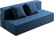 [JKMAX] Queen Size Folding Sofa Bed - 4 in 1 Futon Chair with Two Pillows - High Density Memory Foam Foldable Couch with Washable Modern Linen Cover for Home Office (Blue)