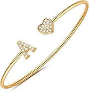 [BRIJEWLIC] 14K Gold Plated Bangle Bracelets for Women - Heart and Initial Designs for Teen Girls - Dainty Cuff Bracelet - Bridesmaid Gifts Jewelry