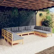 Generic 9 Piece Garden Lounge Set with Grey Cushions Solid Pinewood,3097174