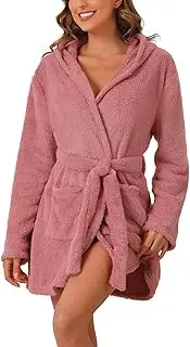 [cheibear] WOmens Fuzzy Robe Belted Hooded Fleece Plush Bath Robe Winter Spa Robes with Pockets Mini Bathrobe
