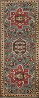 Green Traditional Indian Runner Rug 3x8 Ft Handmade Geometric Wool Carpet