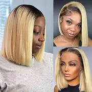 Licoville Blonde Bob Dark Roots Human Hair Wig 13 x 4 1B613 Blonde Ombre HD Lace Front Wig 180% Density 8 Inch Short Straight Ombre Blonde Bob Wigs for Black Women