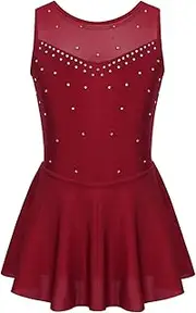 [iEFiEL] Kids Girls Sparkly Rhinestone Mesh Back Gymnastic Leoatrd Tutu Dress Figure Skating Costume Ballet Dance Dress