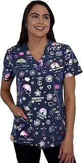 [Green Town] Scrubs for Women V-Neck Scrub Top - Foil Prints, 3 Pockets, Easy Care Uniforms