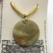 Amazonite Stone Statements Round Necklace Pendant Leather Cord Silver Tone Green
