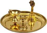 Spillbox Traditional Handcrafted Brass Puja | Pooja Thali Set | Arati | Arathi | Arthi | Arti | Arathi | Bartan Thambulam Plate set for several occasions- Plain Plate 7 inch Puja Set(Diya bell dhoop)