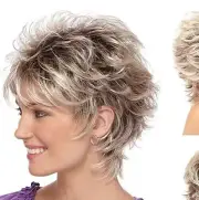 LEOSA Short Blonde Pixie Cut Wigs with Bangs for White Women Brown Ombre Blonde