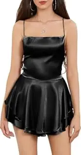 [Generic] Women Sexy Backless Short Satin Dress Cowl Neck Tie Ruffle Layer Spaghetti Strap Jumpsuit Mini Dress