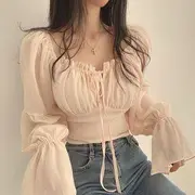 Cinched Sleeve Square Neck Plain Ruched Tie Front Blouse Pink - S