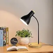 LALISU Table Lamp Basic LED Reading Lamp in Classic Wood Design, Desk Lamp Eye Protection Daylight Lamp, Adjustable Arm (Black)