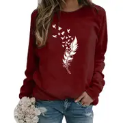 Nevenka Womens Casual Long Sleeve T-Shirt Crew Neck Pullover-WineRed White
