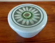 STUDIO POTTERY WHEEL THROWN BLUE LIDDED BOWL with FLOWER Signed Audrey