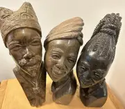 3-D Hand Craved Stone Zimbabwe Busts 1-Male 2-Females All Signed RJ Dodzo