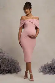 Alyssa | Blush Bardot Bow Maternity Midi Dress with Ruching