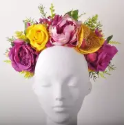 Yellow Hot Pink Rose Orchid Peony Fern Headband Flower Crown Fascinator