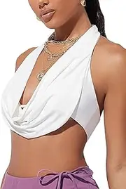 [Generic] Women's Ruched Draped Neck Tie Backless Crop Halter Top