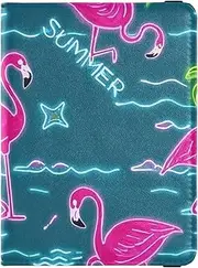 [Amooorous] Summer Neon Flamingo Coconut Tree Blue Leather decorative Passport Holder Cover Wallet Travel Documents Organizer Protector Passport Holder Case Waterproof, Summer neon Flamingo coconut tree blue, 1