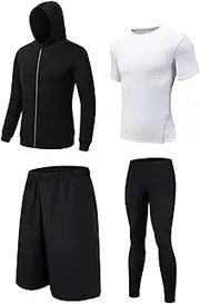 [GUANYUA] Men Short Sleeve + Shorts + Fitness Jacket+ Long Pants Gym Clothing Set Men 4-Pcs, Quick-Drying Men's Compression Sportswear 4-Pcs-M