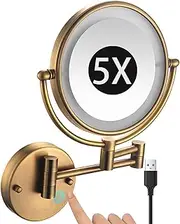 8" Wall Mounted Lighted Makeup Mirror, Rechargeable Dimmable Double Sided Magnifying Mirror, Extendable LED Bathroom Vanity Mirror with Lights,Brass,5X