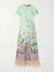 [La DoubleJ] La DoubleJ - Feather-trimmed Floral-print Silk-twill Maxi Dress - Green - xx small xx small Green