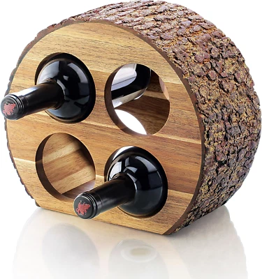 Acacia Wood Countertop Wine Rack with Natural Bark,4-Bottles,wipe with dry cloth