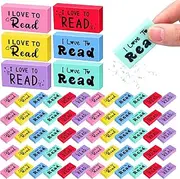Dunzoom 100 Pcs I Love to Read Erasers Inspirational Pencil Erasers Gifts Set, Motivational Pencil Erasers Bulk for Kids Colorful Eraser for Christmas Classroom Rewards Teacher Award School