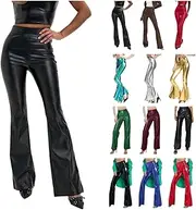 [Generic] Women's Faux Leather Pants High Waist Disco Dance Party Shiny Metallic Flare Pants Wide Leg Skinny Yoga Casual Pants