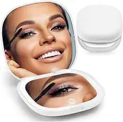 Makeup Mirror with LED Light, Mini Travel Mirror 5X Magnification for Eye Processing Details, USB Rechargeable Small Hand Pocket Mirror with Touch Screen Adjustable Brightness (White)