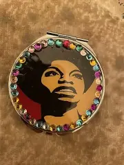 Retro Nina Simone Bejeweled Round Silver Mirror Compact