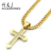 20"MEN Stainless Steel 3mm Gold Plated Cuban Curb Chain CZ Cross Pendant*GP53