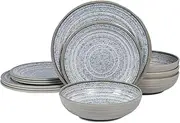 Melamine Dinnerware Sets 12 PCS - Service for 4 Plates & Bowls Sets Dishwasher Top-Shelf Safe, BPA Free Dinner Dishes Set for Everyday Use-Granite Pattern Gray