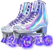 JajaHoho Roller Skates for Women, Holographic High Top PU Leather Rollerskates, Shiny Double-Row Four Wheels Quad Skates for Girls and Age 8-50 Indoor Outdoor