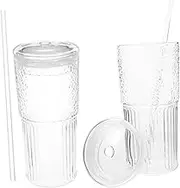 NOLITOY 1set Glass Tumbler Cups with Lid and Straw Transparent Beverage Drinking Glasses for Juice Coffee Tea and Smoothies for Home Office and Parties 2pcs