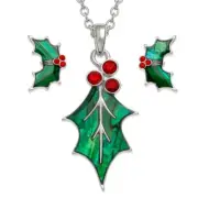 Tide Jewellery inlaid Green Paua shell Holly leaf pendant and earring set