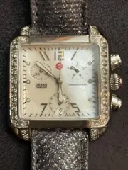 Ladies Michele Urban Diamond Watch Metallic Leather Band Rare New w tags n Case