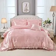 Satin Comforter Set King Sheet Set Silk Like Pink Bedding Set Silky Bed in a Bag 8 Pcs Pinch Pleat Bed Set Home Decor Luxury Hotel Silky Ruffle Down Comforter with 1 Cushion Cover