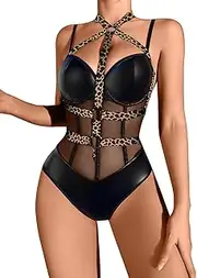 [Lilosy] Sexy Crisscross Choker Leather Pu Underwire Babydoll Women Harness Teddy Bodysuit Nightshirt One Piece
