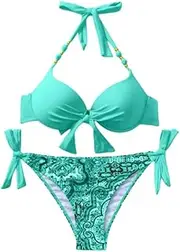 [Generic] Bikini Set with Detachable Chest Cushion Bikini top with Steel Ring Gathering Swimsuit Adjustable Side tie Swimsuit