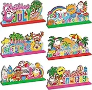 6 Pcs Christmas in July Wooden Table Decoration July Summer Table Centerpieces Signs Santa Flamingo Palm Tree Theme Beach Party Decorations for Holiday Xmas Home Table Desktop Favors Supplies