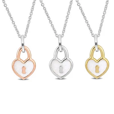 Amour Yellow, White & Rose Enamel Heart lock Charm Necklace 3 PC Set