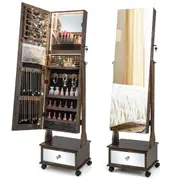 Costway Lockable Jewellery Cabinet Mobile Mirror Jewelry Organiser Full-Length w/LED Light Foldable Shelf & Drawer Rustic Brown