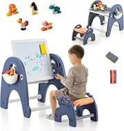 HONEY JOY Kids Table and Chair Set, Double-Sided Toddler Art Easel & Stool w/66PCS Building Blocks, Standing Activity Drawing Board w/Storage Box, Eraser & Markers for Painting Learning Reading, Blue
