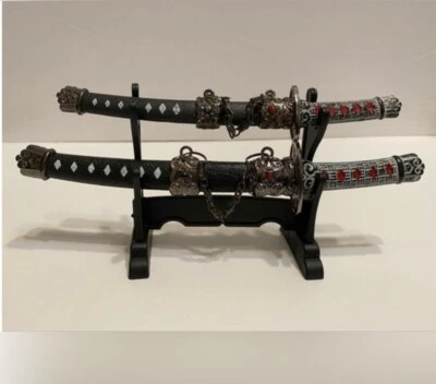 Table Top Mini Twin Japanese Samurai Sword Letter Openers, 8.5-Inch with Stand