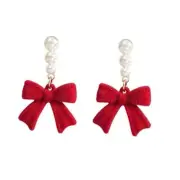 Bow Earrings for Women Red Ball Bow Earrings Pearl Bow Drop Earrings pearl