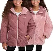 [Reebok] Girls' Reversible Puffer Jacket - Quilted Winter Coat with Snow Fleece Lining - Warm Hooded Jacket for Girls (7-16)