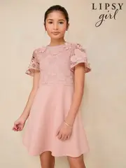 Lipsy Pink 2-in-1 Flutter Sleeve Lace Occasion Dress (5-16yrs) (AK1407) | $111 - $129